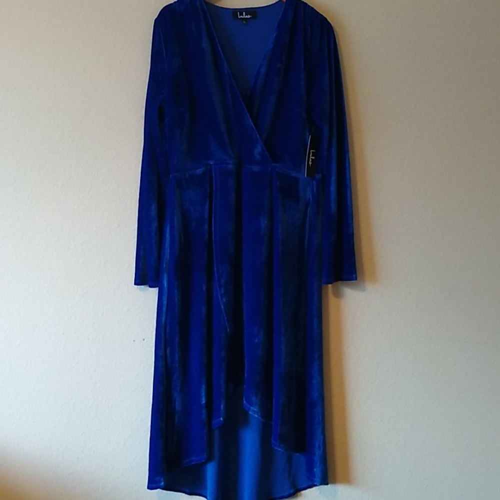 Lulu's Cobalt faux wrap velvet dress with tags